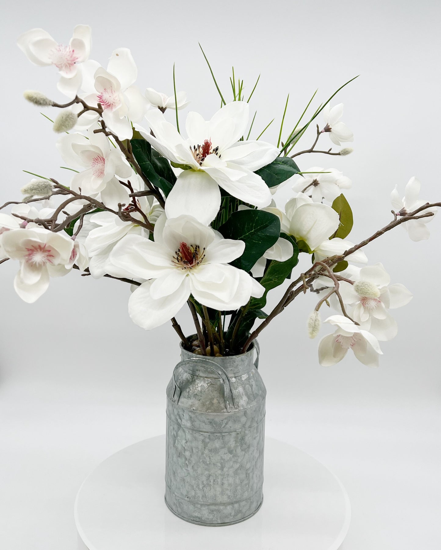 White Magnolias in Galvanized Milk Jug