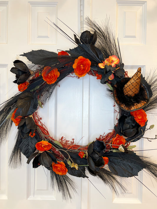 22" Halloween Magnolias, Roses and Witch Hat Wreath