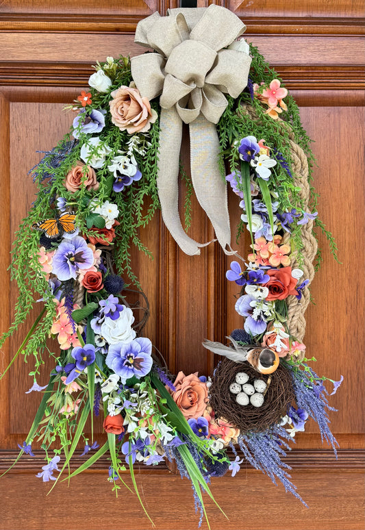 24" Coral, Purple Floral Oval Wreath