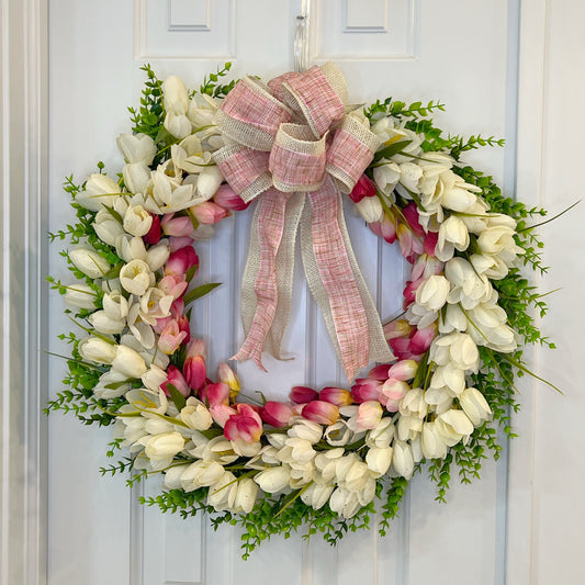 22" Pink and Ivory Tulips Wreath