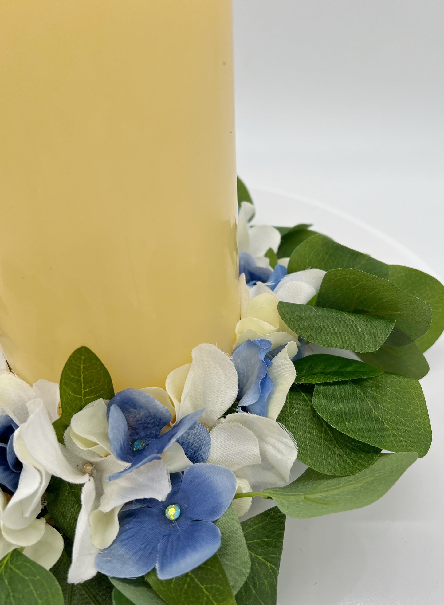 Blue, Cream, and White Hydrangeas Candle Wreath