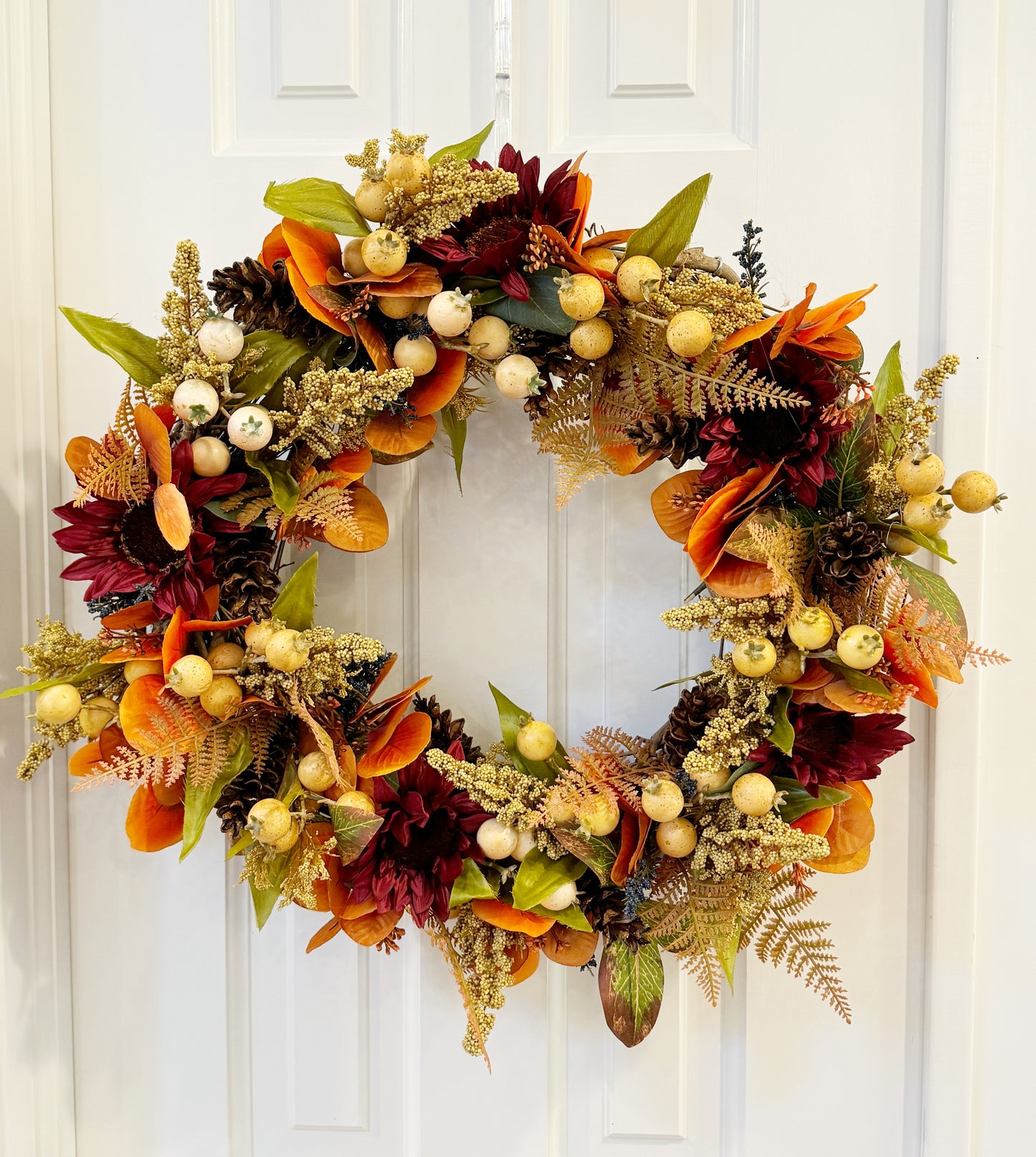 Autumn Harvest Wreath with Eucalyptus, Pom Berries, and Sunflowers