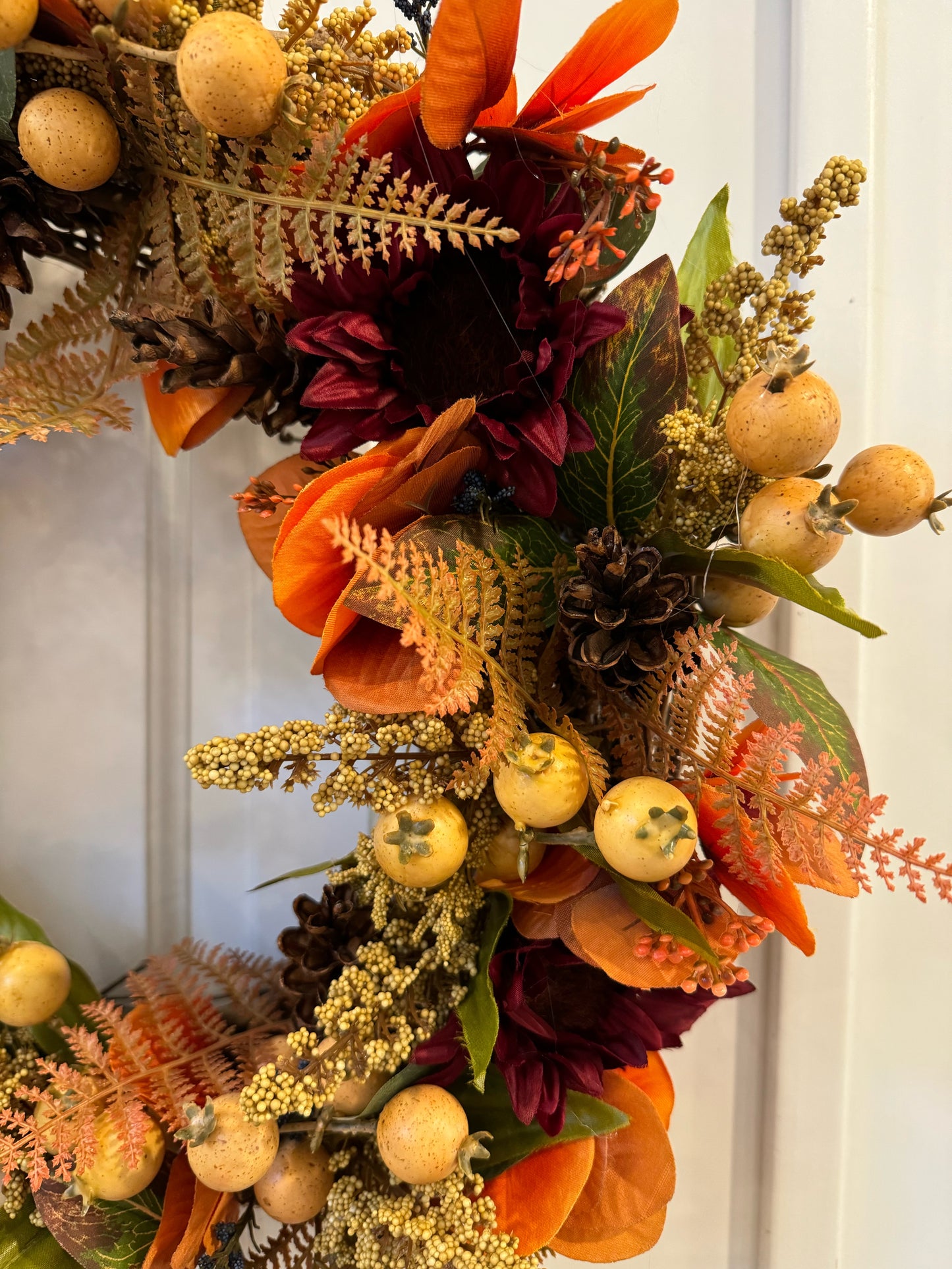 Autumn Harvest Wreath with Eucalyptus, Pom Berries, and Sunflowers