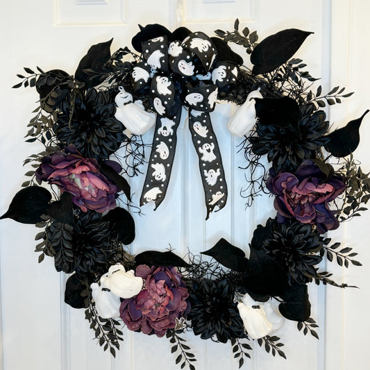 Ghost-Themed Wreath with Lights