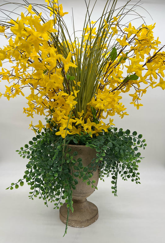 पिवळा फोर्सिथिया, गवत, उंच कलश फुलांचा डिस्प्ले