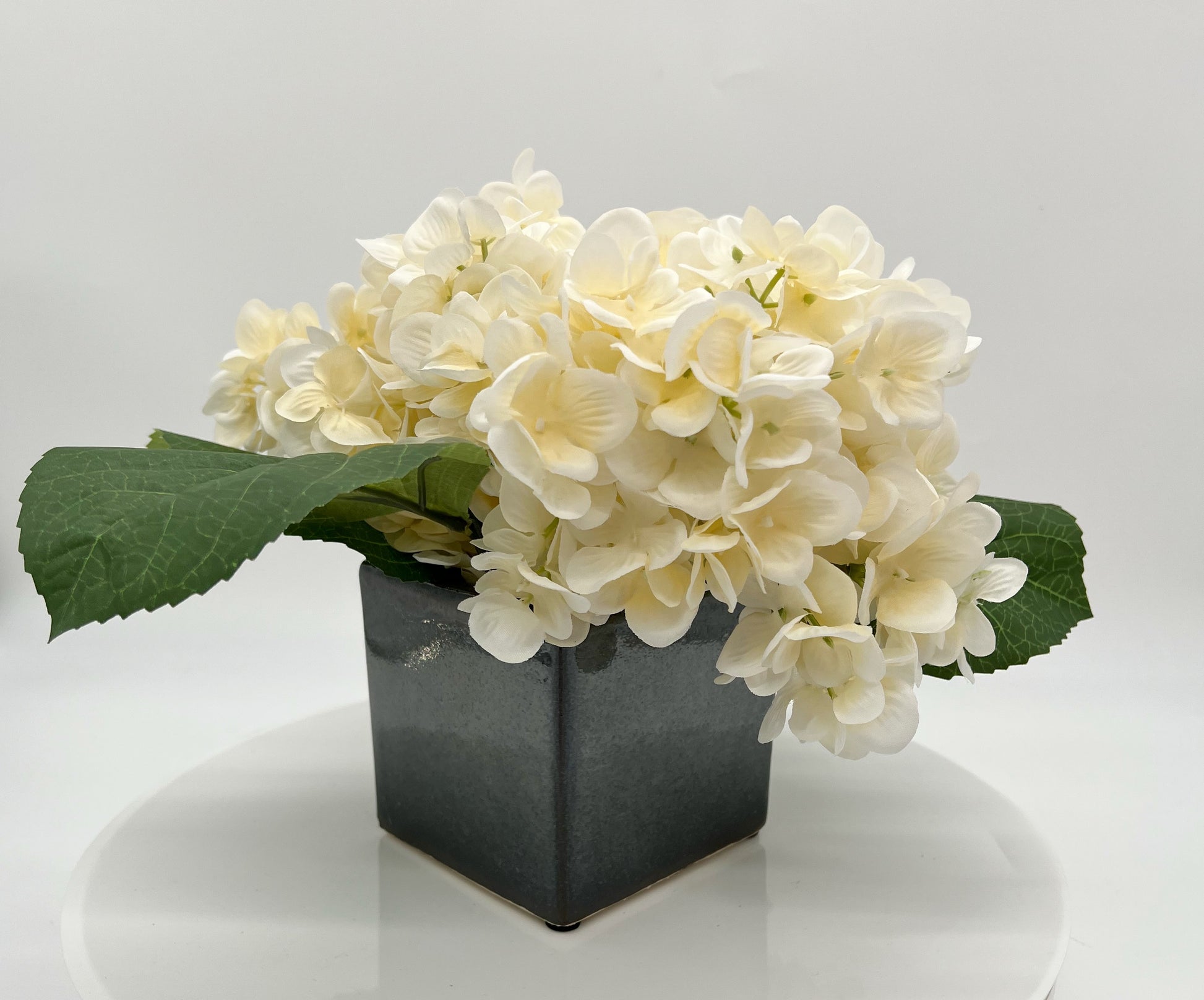 Silk Cream Hydrangeas in Gunmetal Cube
