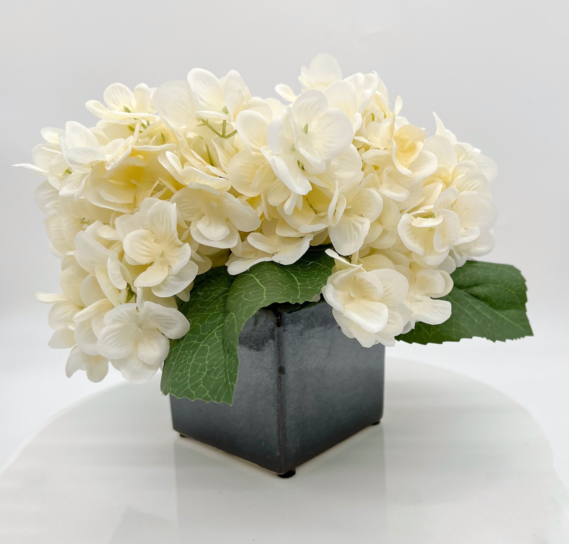 Silk Cream Hydrangeas in Gunmetal Cube: Elegant Home Decor Accent