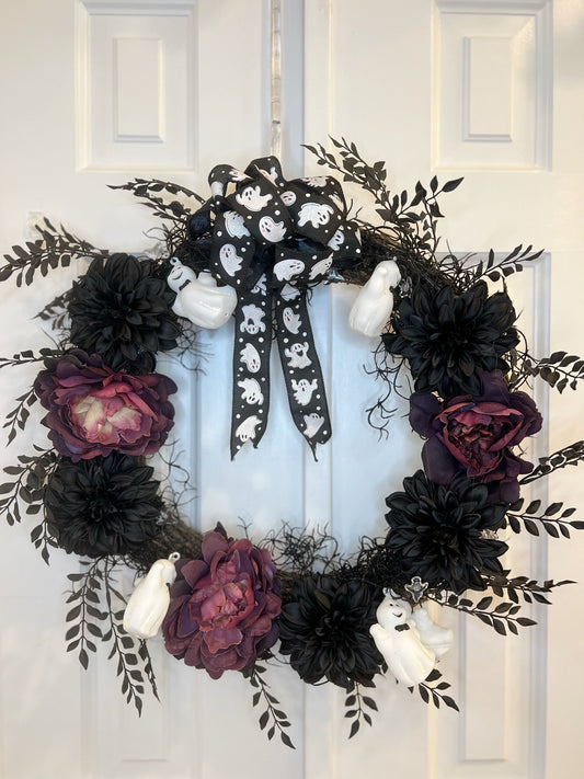 Ghost-Themed Wreath with Lights