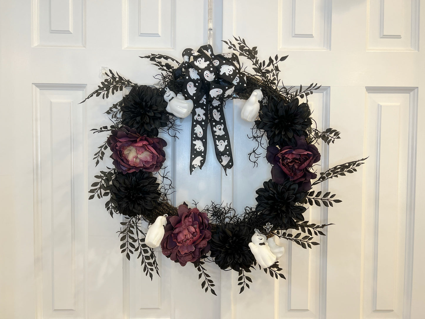 22" Lighted Ghost Wreath with Peonies and Dahlias