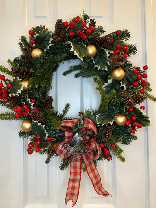 18" Holly Leaves with Plaid Bow Christmas Wreath