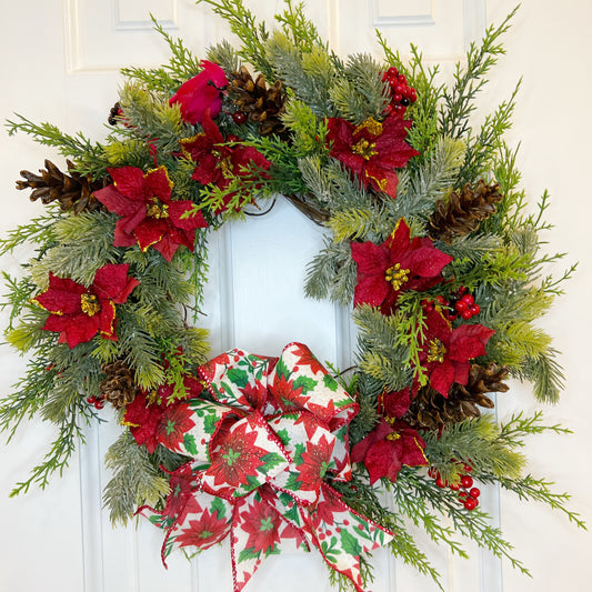 16" Poinsettia Wreath with Cardinal