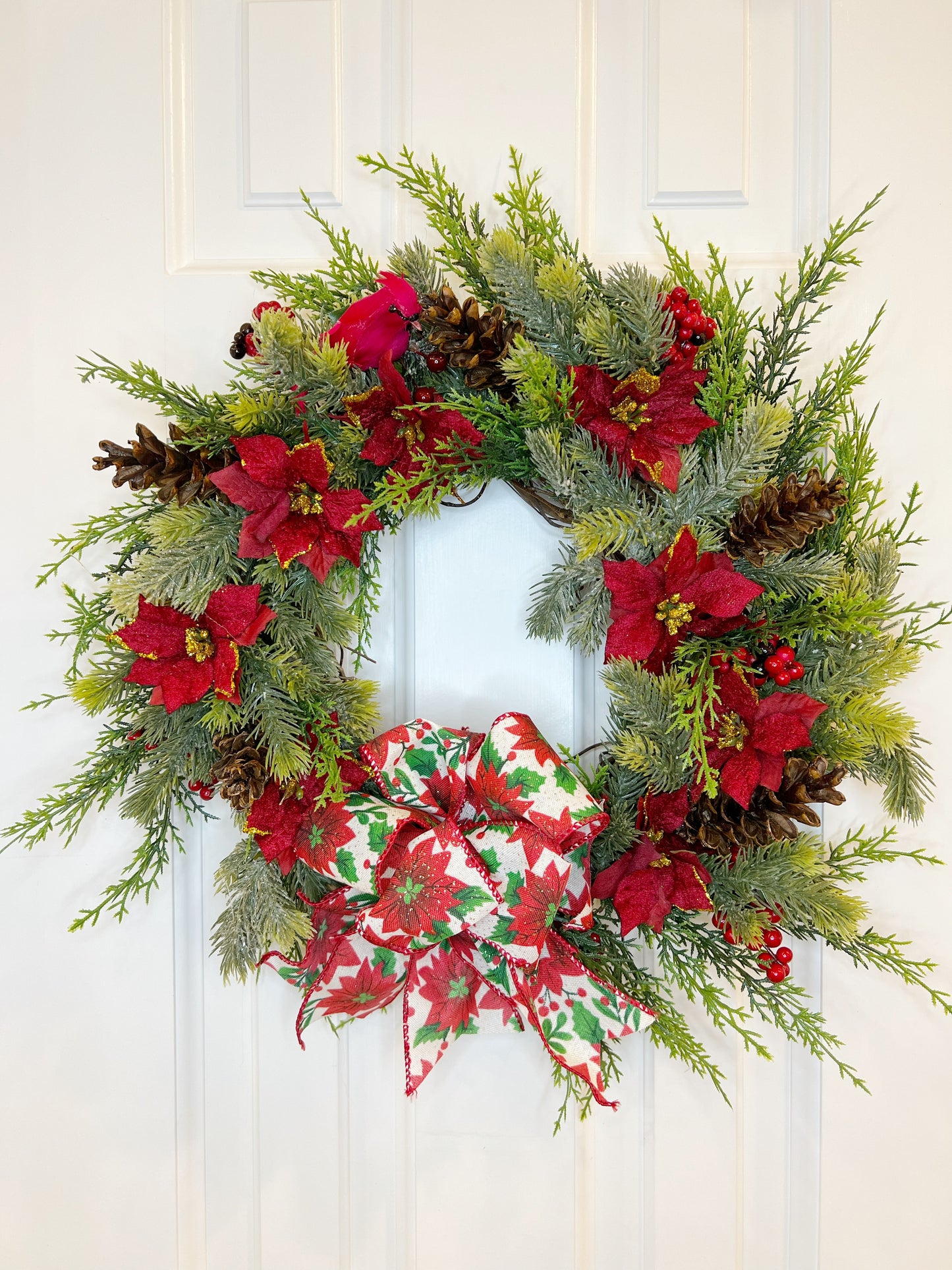 16" Poinsettia Wreath with Cardinal