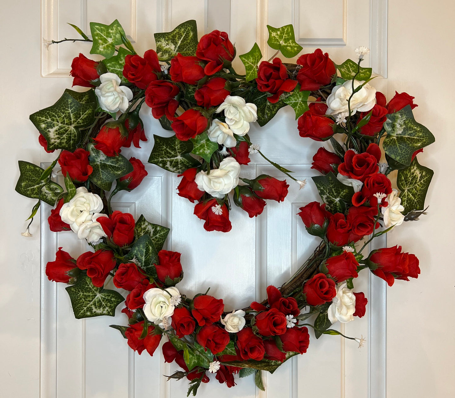 14" Red & White Roses Heart Wreath