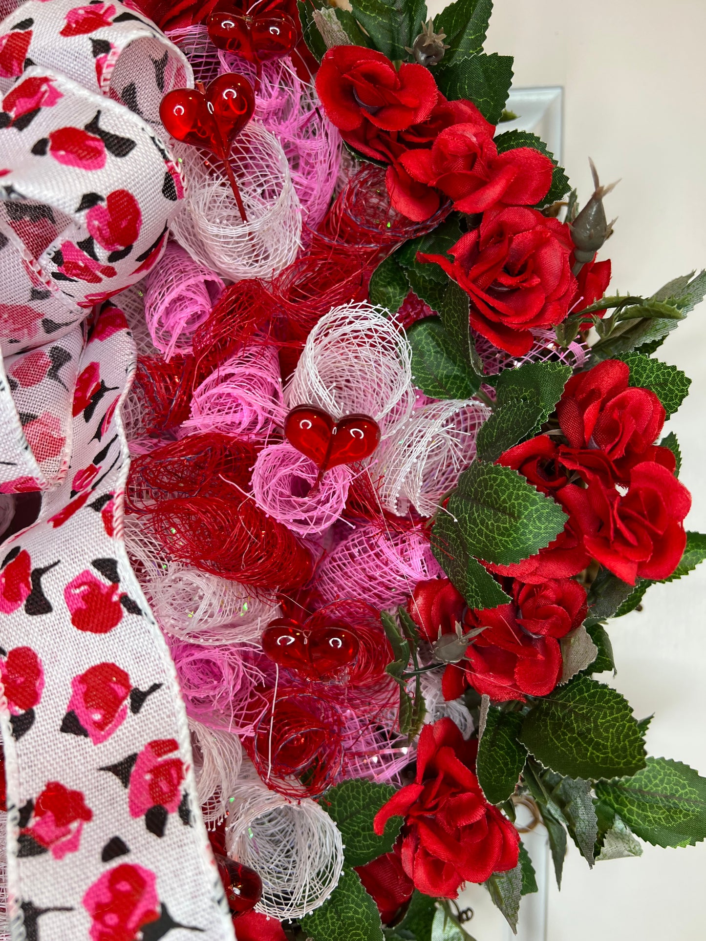16" Red Roses and Deco Mesh Wreath