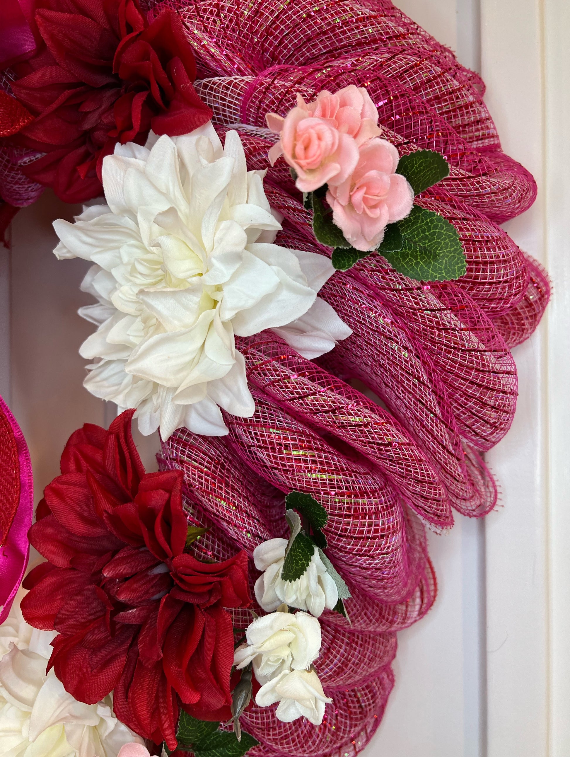 Heart Shaped Dahlias, Roses & Deco Mesh Wreath