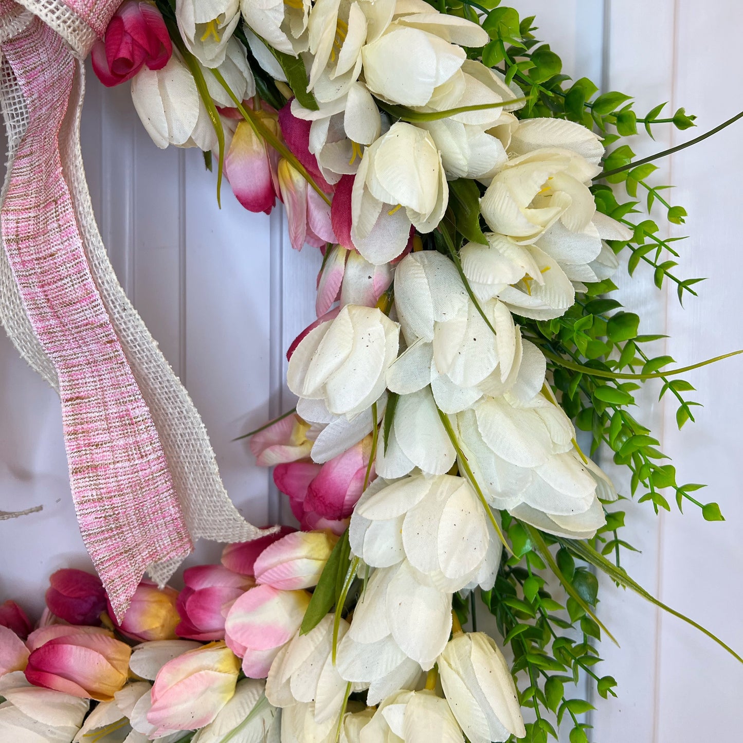 Silk Wreath with Lovely Spring Ivory and Pink Tulips and Boxwood