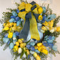 Bright and Beautiful Wreath of Blue and Yellow Tulips with Maidenhair Fern Accents