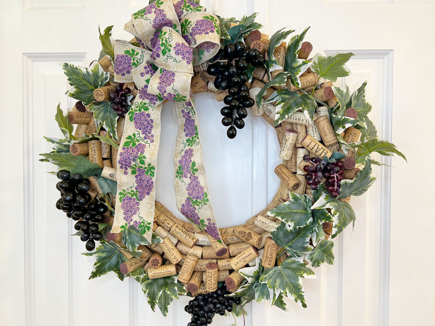 Wine Cork Wreath with Faux Ivy and Grapes